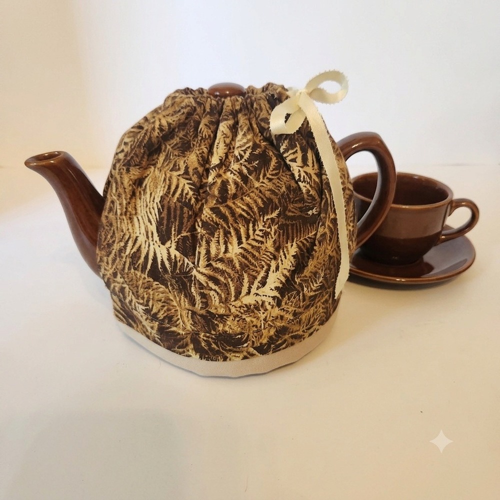 Handmade‎ Fern Leaf Tea Cozy Brown Tan Botanical Quilted Drawstring Teapot Cover